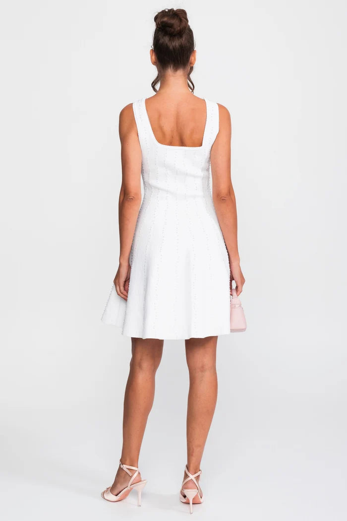Pearl Beaded Ribbed Mini Dress With Square Neck - White
