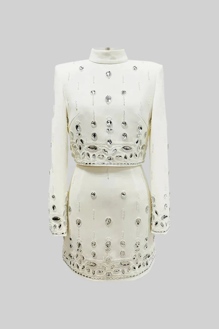 Diamond Embellished Co-Ord with Mini Skirt - White