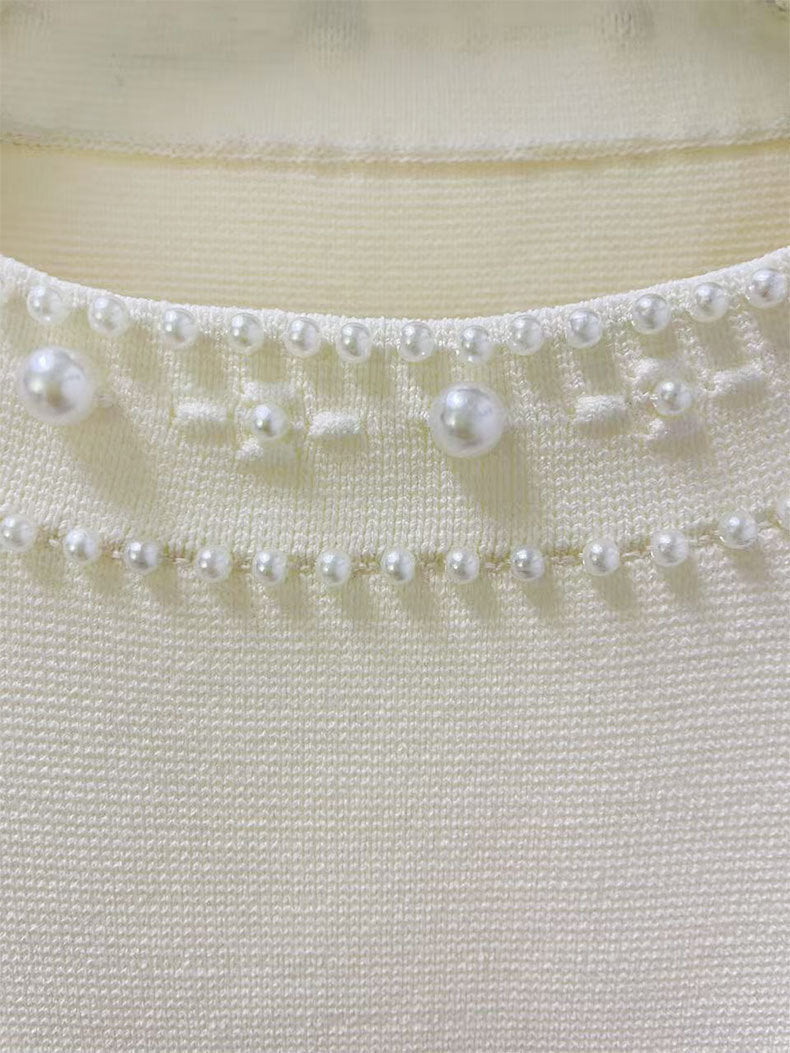 Pearl trimmed knit jacket + sleeveless long dress