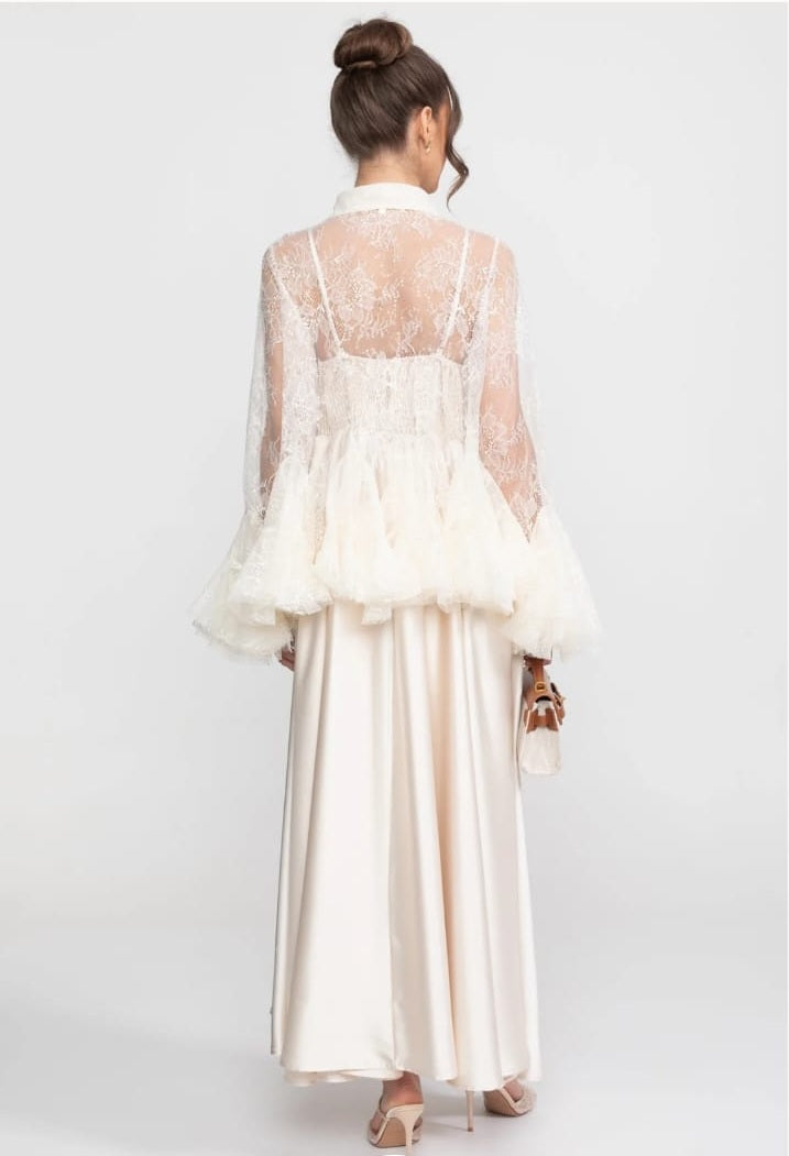 Sheer Lace Peplum Blouse With Ruffle Hem And Satin Maxi Skirt - Ivoire