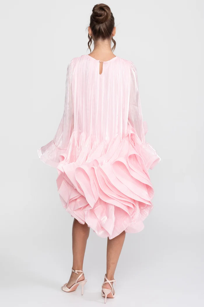 Asymmetric Ruffle Hem Mini Dress With Satin Finish - Pink