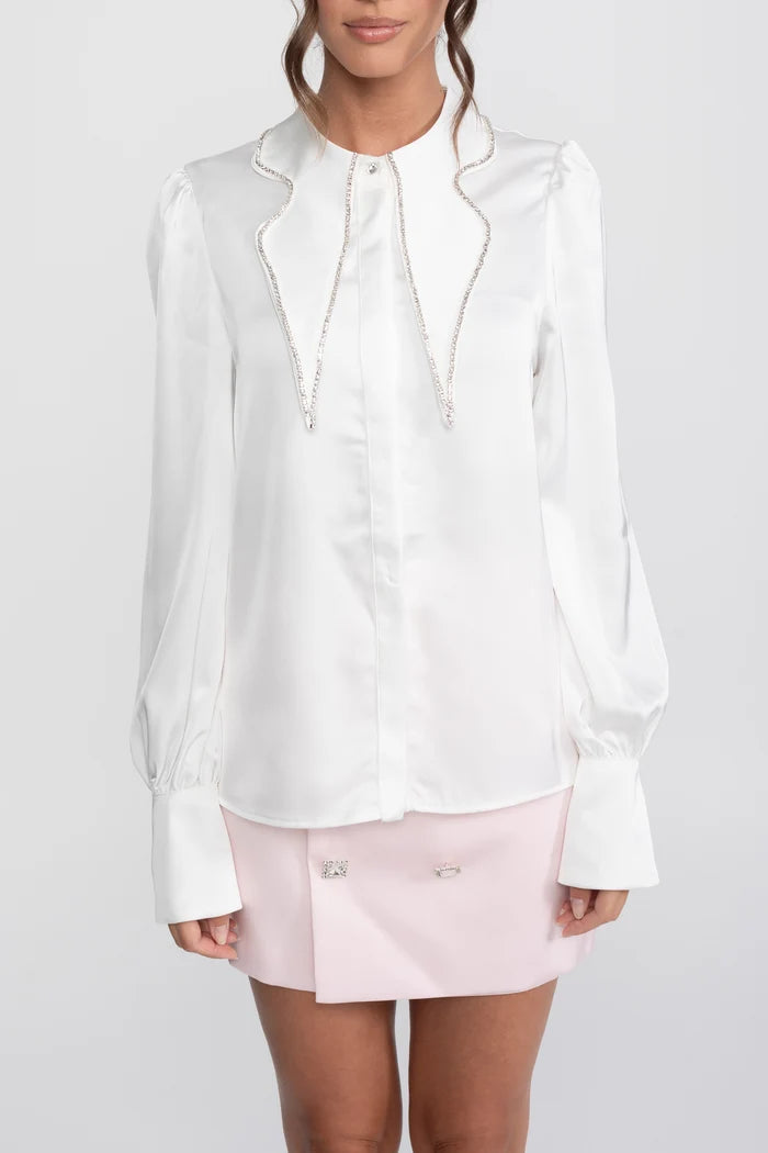 Crystal Collar Shirt And Contrasting Skirt Co-Ord Set- White / Pink