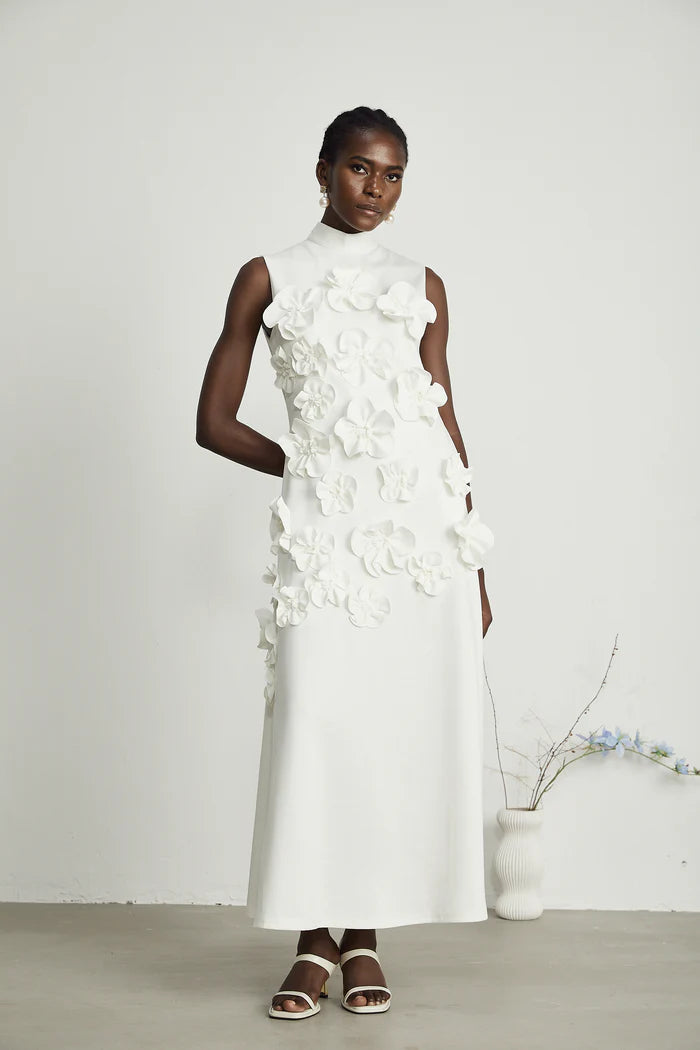 Magali bow-tie faux-flower embellished sleeveless maxi dress in White