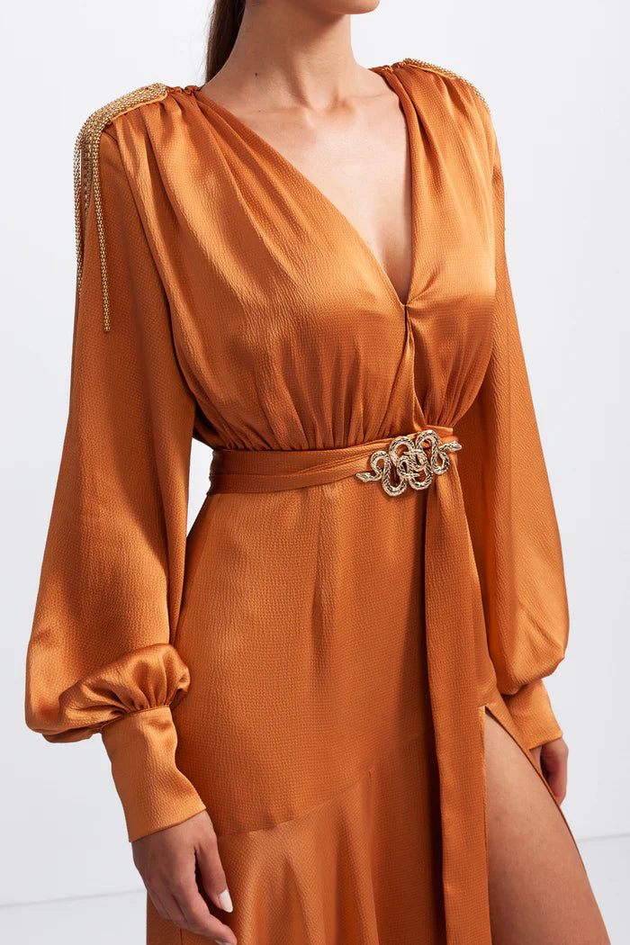 V-neck Maxi Dress with Golden Details - Caramel