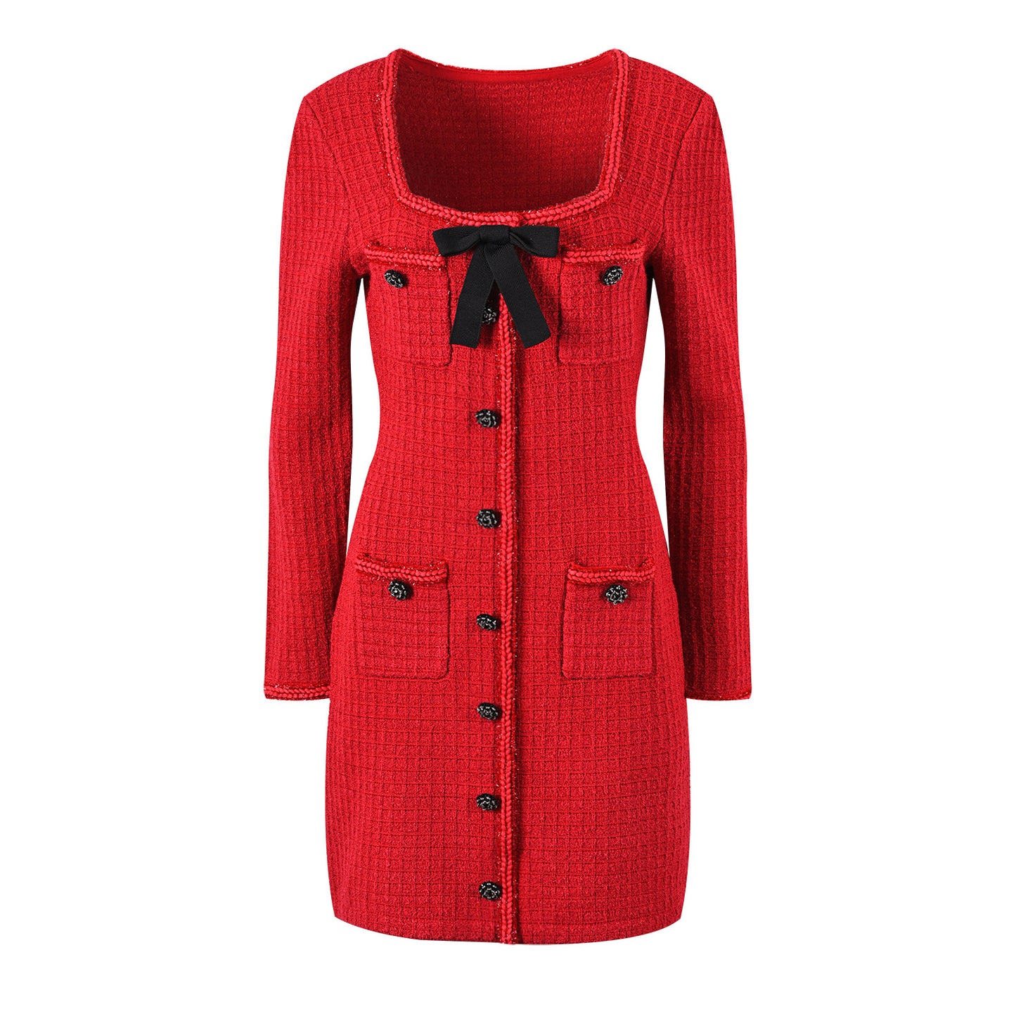 Red Bow Square Neck Xiao Xiang Slim Fit Knit Dress