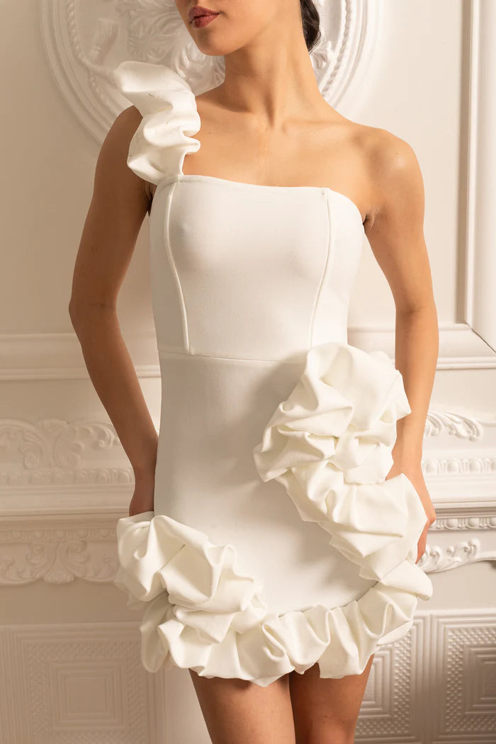 Floral Mini Dress With Ruffled Hem And Shoulder Strap - White