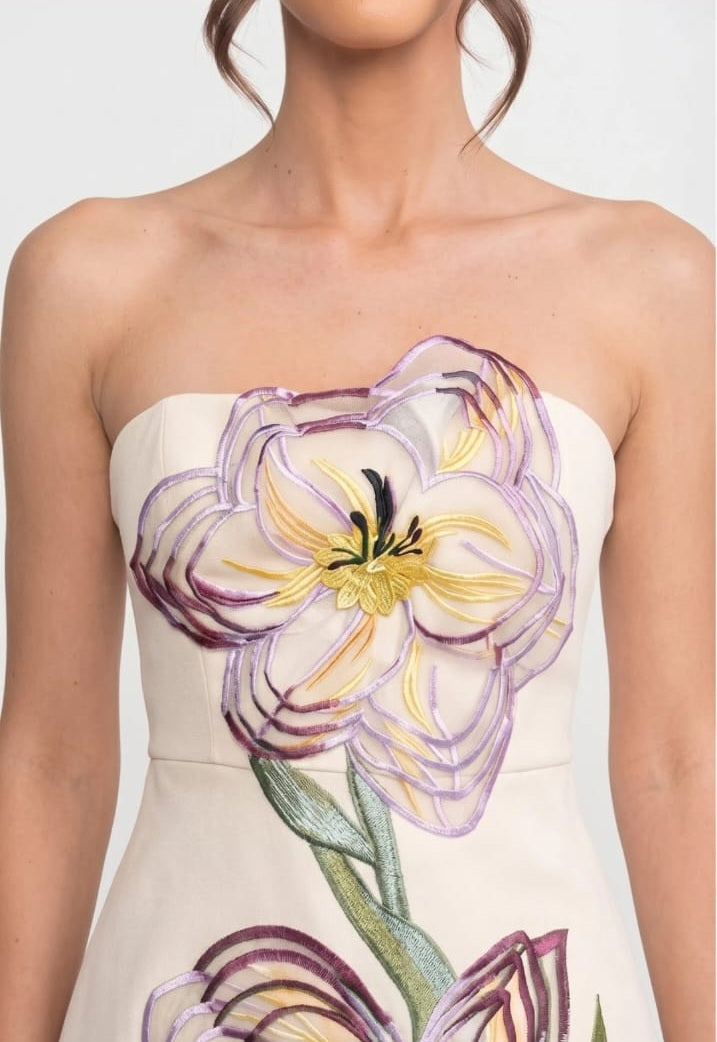 Strapless Mini Dress With 3D Iris Floral Appliqué - White