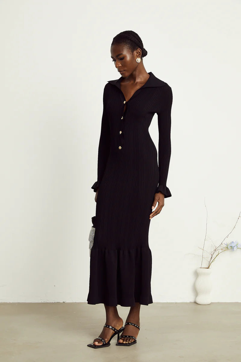 Priscille black ruffled midi dress