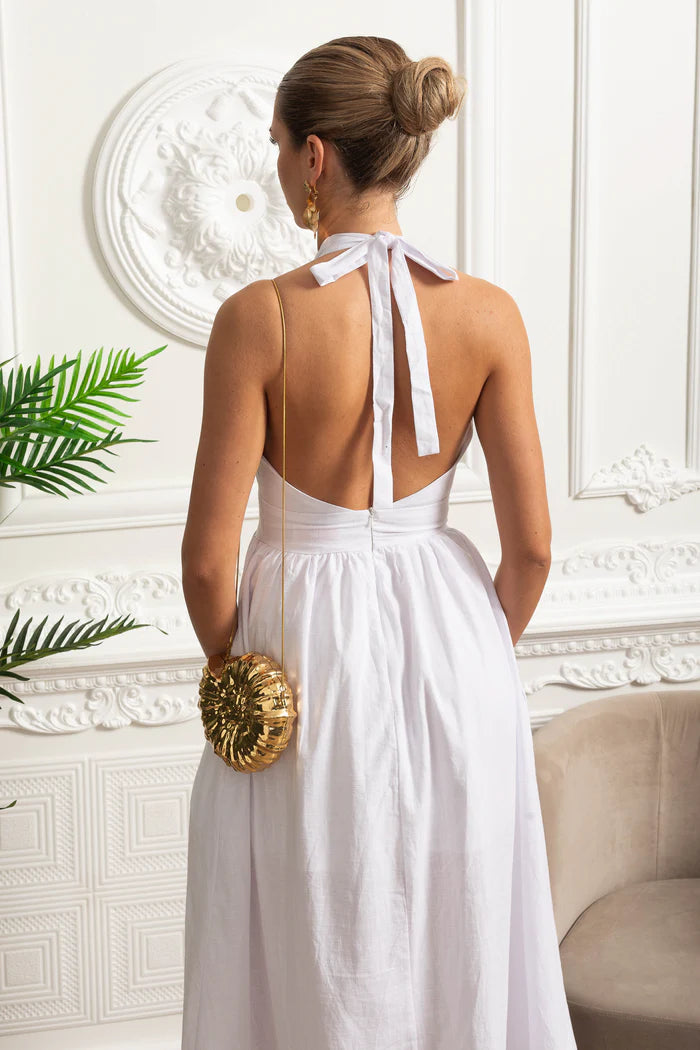 Halterneck Midi Dress With A-line Gathered Skirt - White