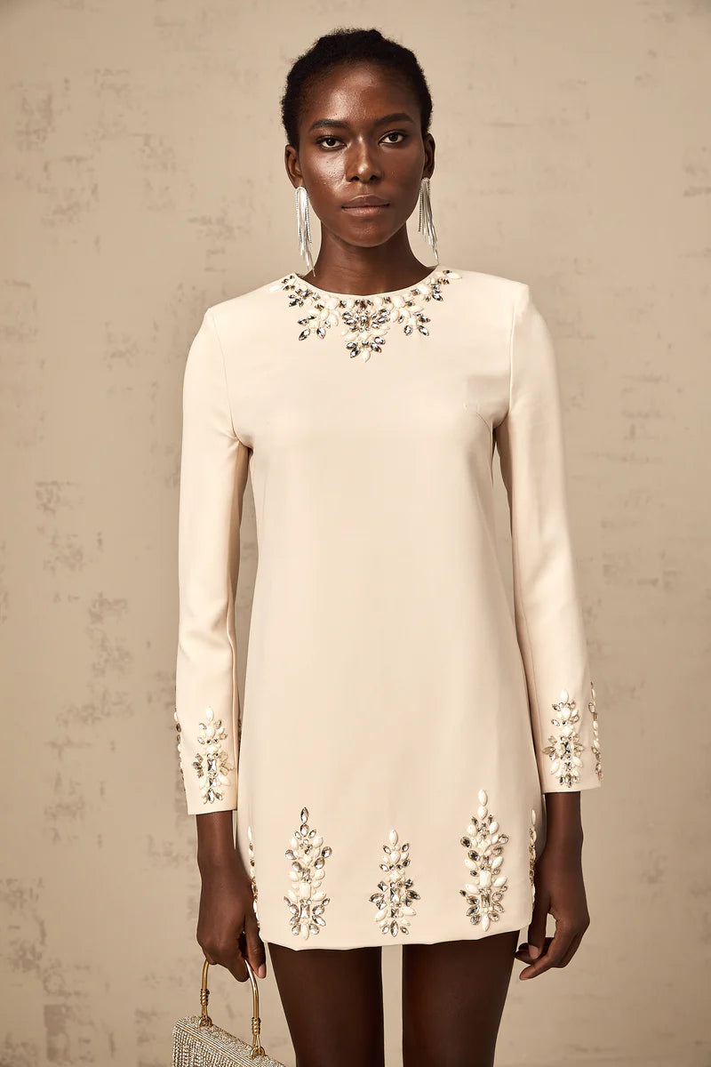 Mélissa crystal-embellished long-sleeved mini dress in Neutrals
