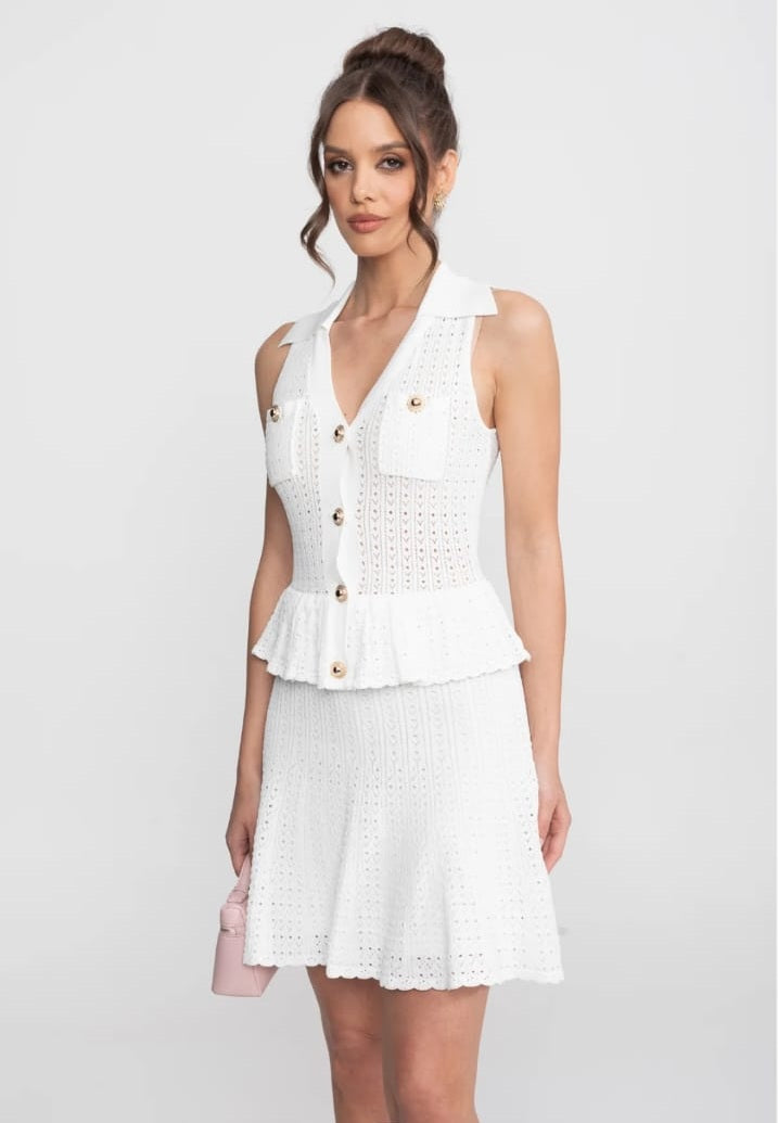 Openwork knit mini dress with V-neckline and polo neck - White