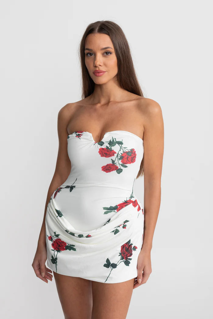 Strapless Floral Mini Dress with Draped Skirt - White