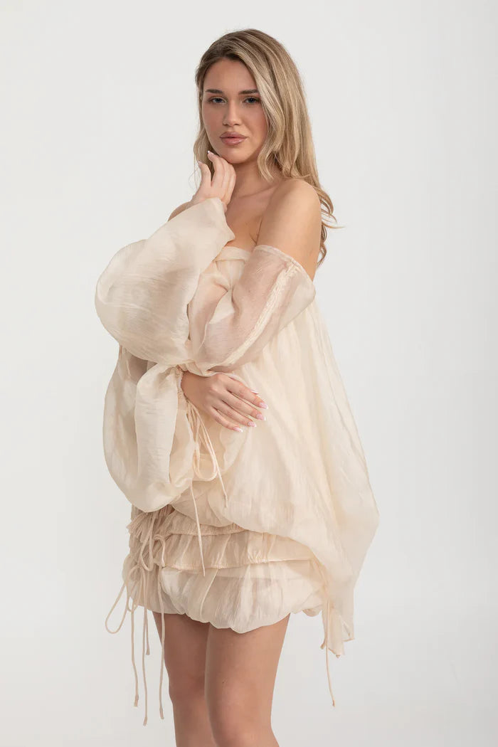 Sleeveless Draped Mini Dress With Ruffled Skirt - Ivoire