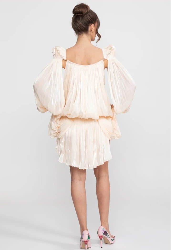 Short Sheer Draped Dress with Cape Sleeves and Gold Clip Detail - Ivory