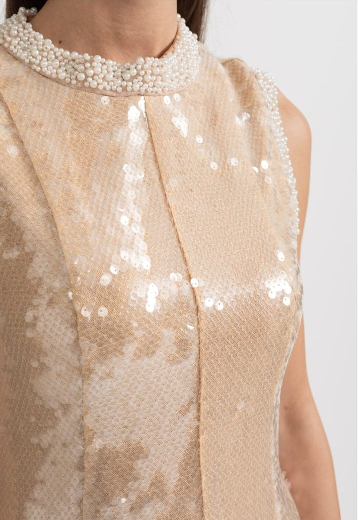 Elegant Sequin Dress With White Pearl Embellishments - Beige