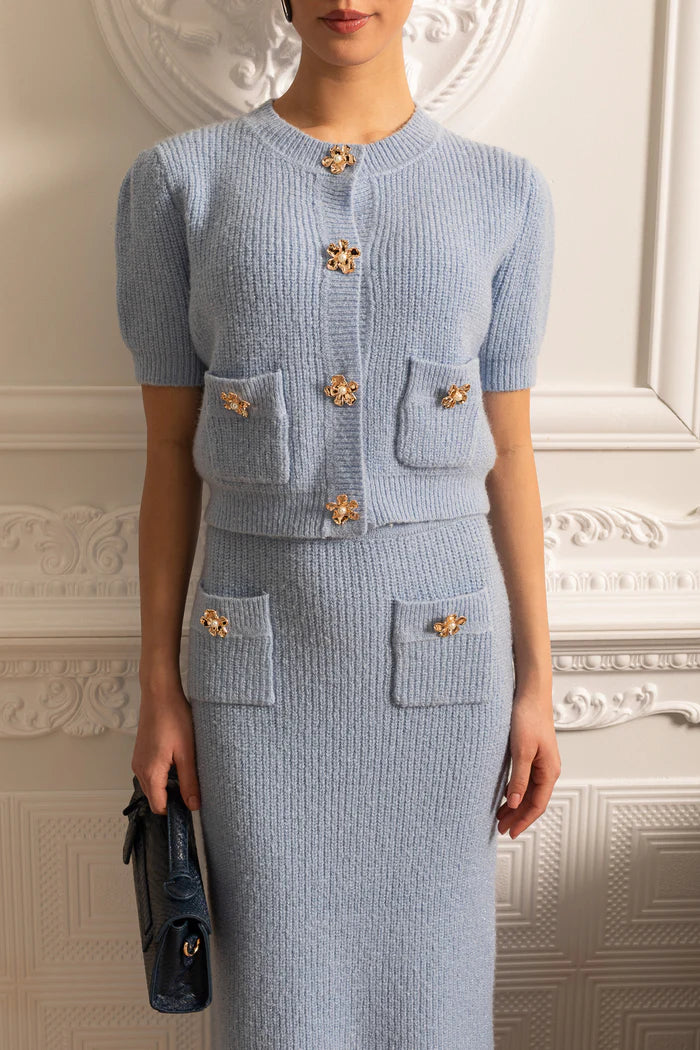 Elegant Knit Set With Front Pockets And Gold Buttons - Blue
