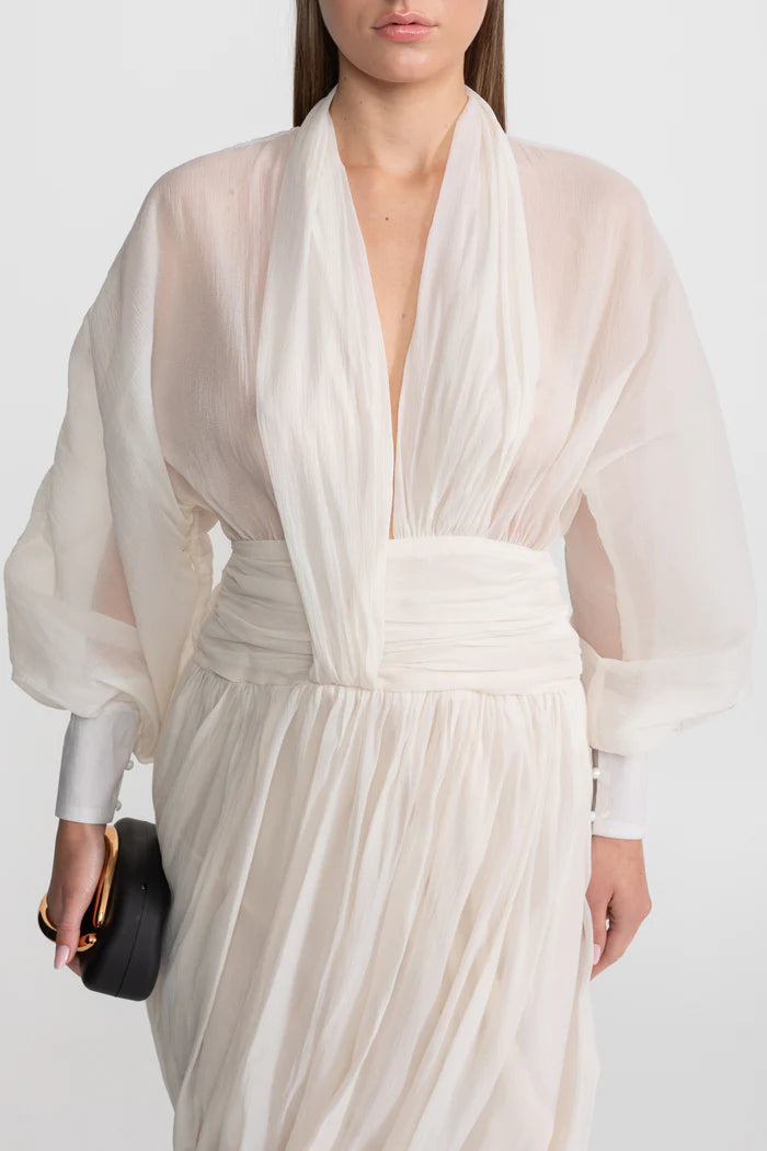Draped Chiffon Maxi Dress With Long Bishop Sleeves – Ivoire
