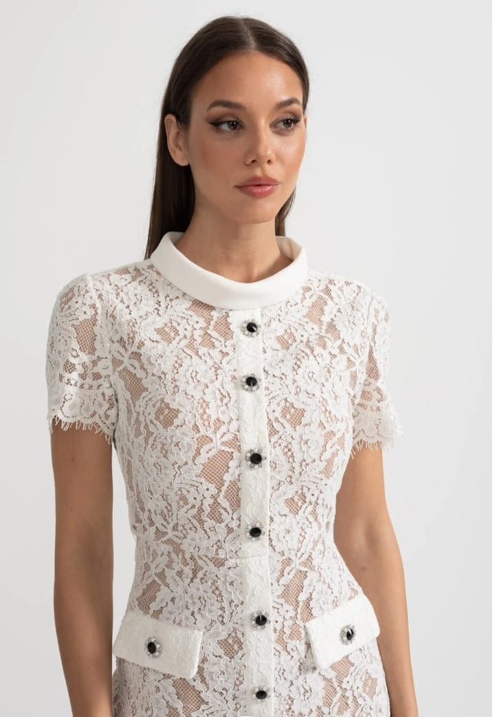 Elegant Short Sleeve Lace Dress With Matching Waist Belt - White
