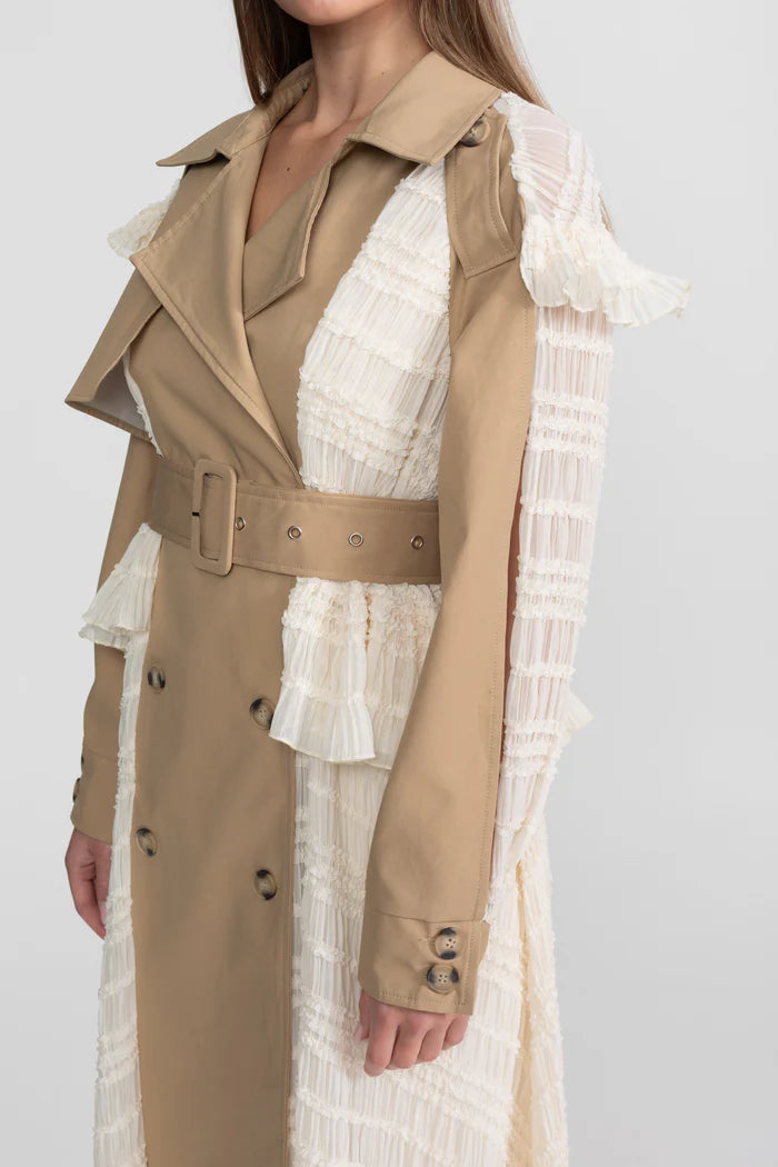 Longline Lace Panel Trench Coat With Belted Waist – Beige