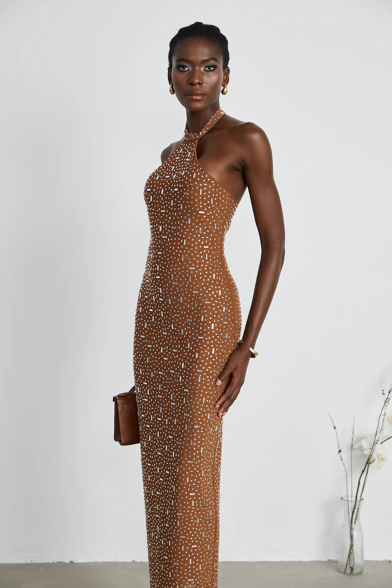 Désirée brown embellished halter neck bodycon maxi dress