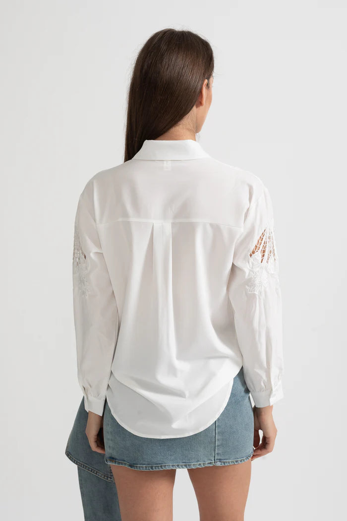 Long-Sleeve Shirt With Pleated Front And Lace Sleeve Inserts - White