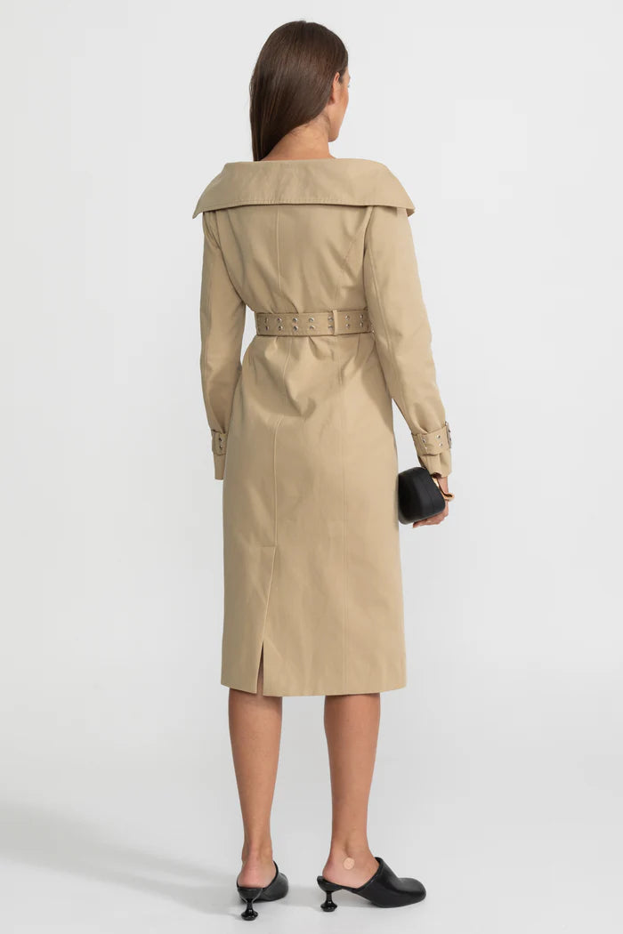 Off-Shoulder Double-Breasted Trench Coat With Belted Waist – Brown
