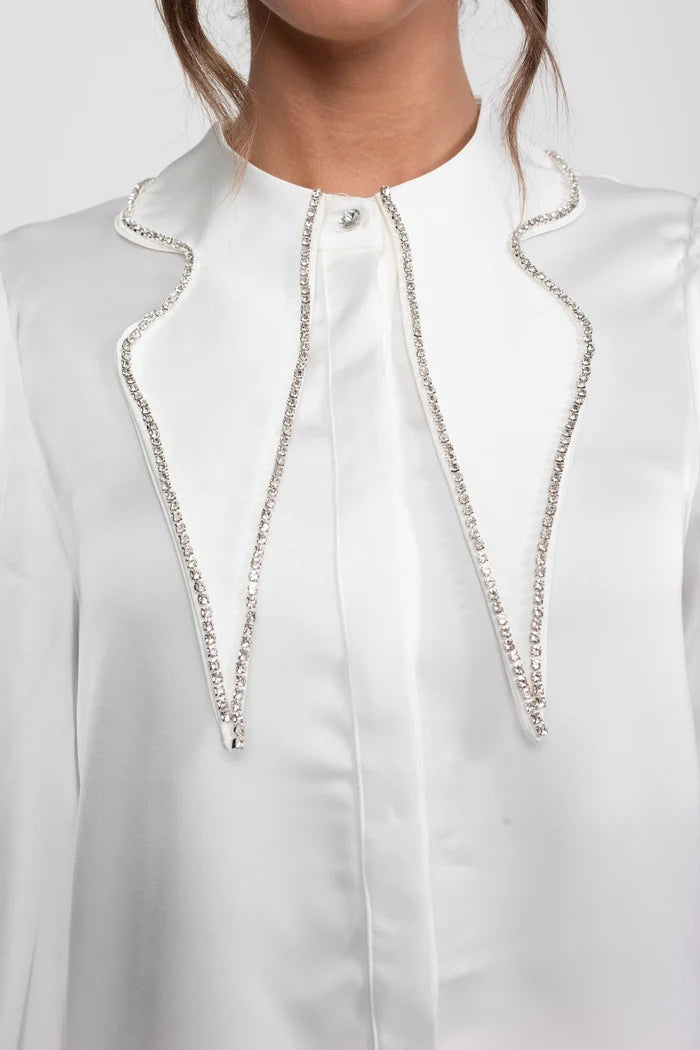 Crystal Collar Shirt And Contrasting Skirt Co-Ord Set- White / Pink