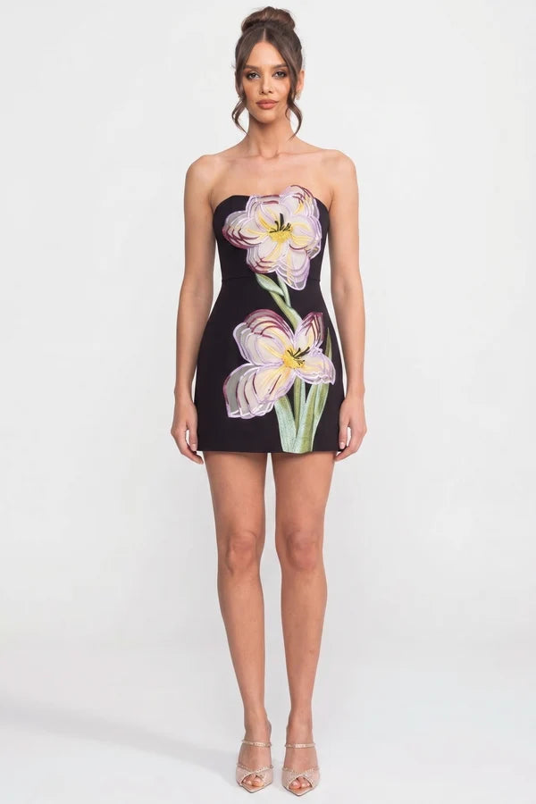 Strapless Mini Dress With 3D Iris Floral Appliqué - Black