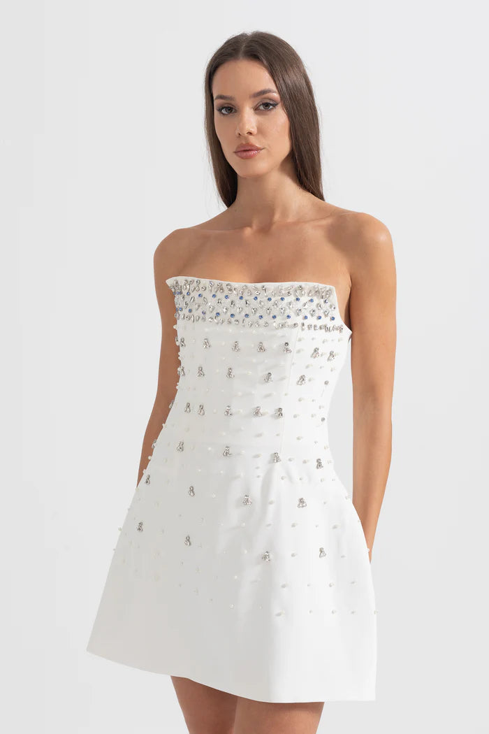 Sleeveless Mini Dress with Crystal Embellishments - White