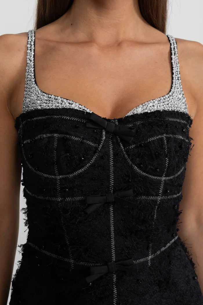 Textured Tweed Midi Dress With Contrast Straps and Bow Detailing – Black