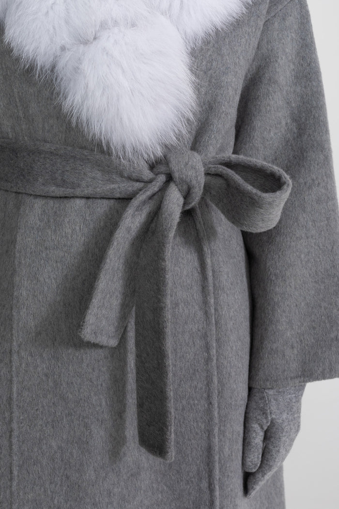 Wool Wrap Coat with Fox Fur Collar And Tie Belt – Gray