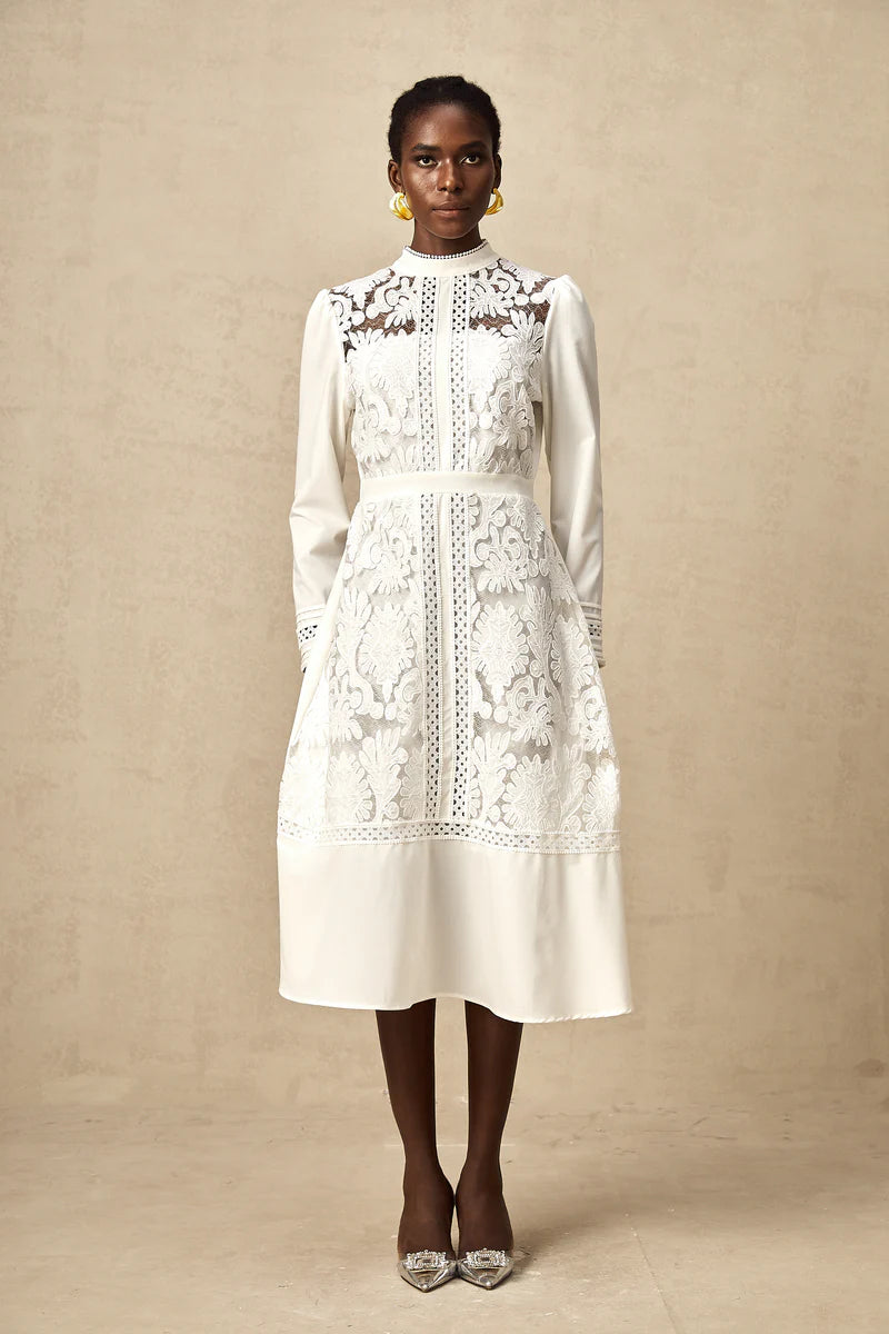Madeleine white panelled embroidery midi dress