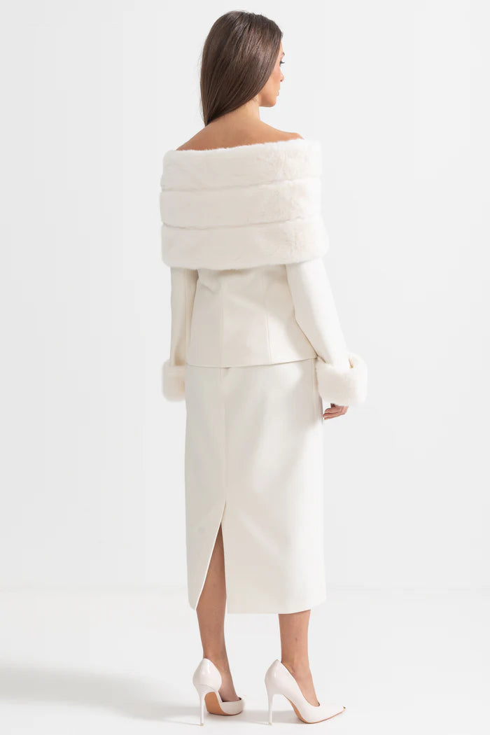 Two-Piece Ensemble With Faux Fur Shawl, Cuffs And Midi Skirt - White