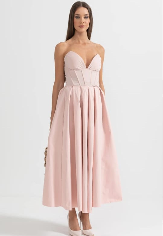 Sophisticated Strapless Midi Dress with Fitted Bodice - Peach