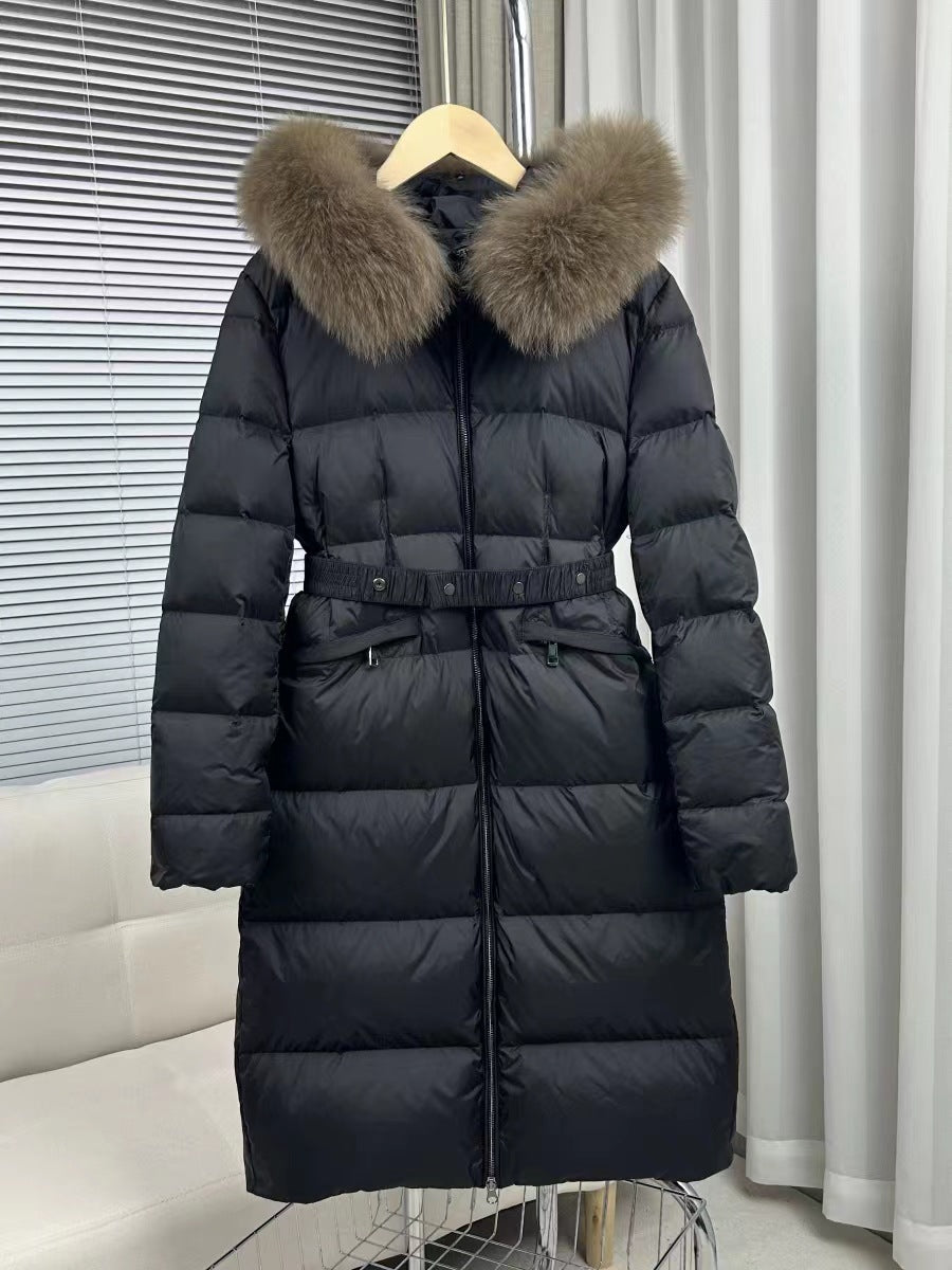 Fox big fur collar mid-length down jacket