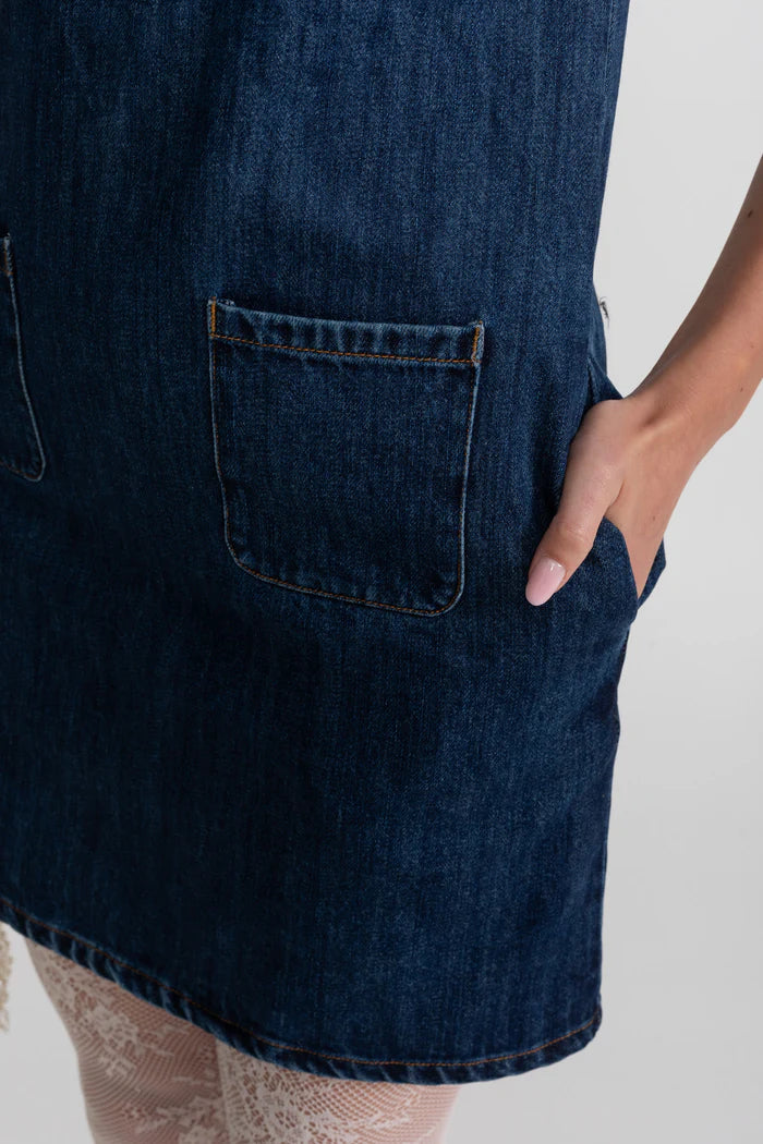 Embellished Denim Mini Dress With Sparkling Bows – Dark Blue