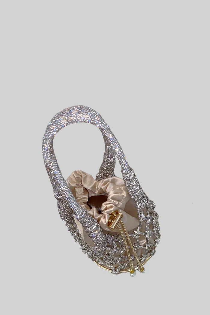 Runde Netzhandtasche mit Beige Satin Draw String Beutel - Silber