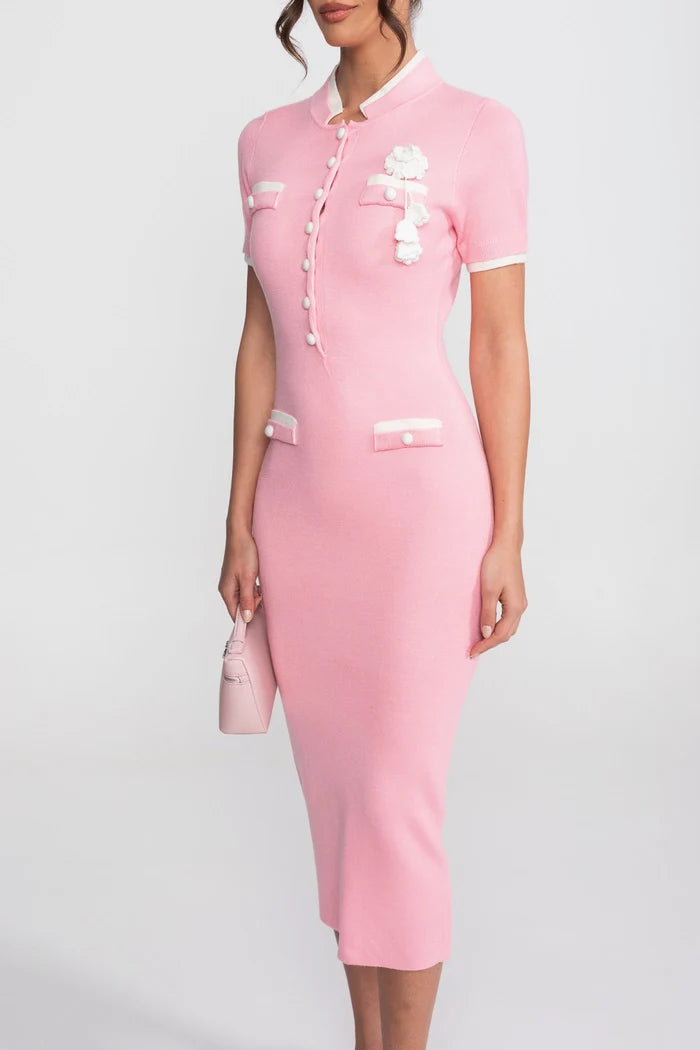 Ribbed Knit Midi Dress With Contrast Trim And Decorative Pockets - Pink
