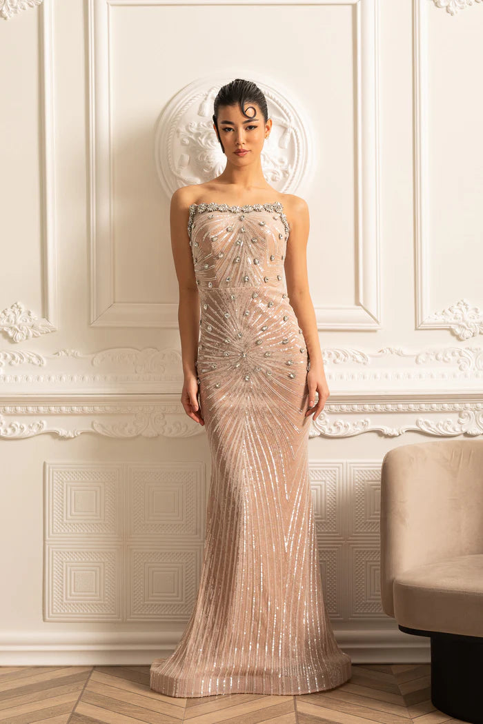 Sophisticated Evening Gown With Shimmering Sequin Embellishments - Beige
