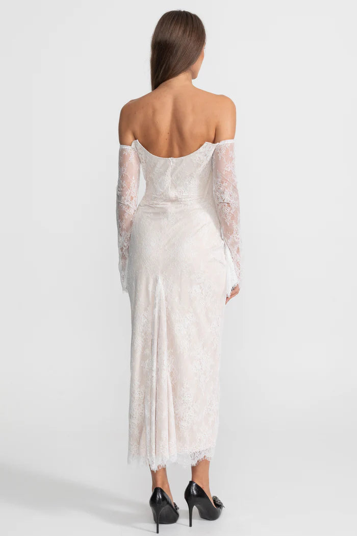 Off-Shoulder Lace Midi Dress with Pearl-Trimmed Bustier - Ivoire
