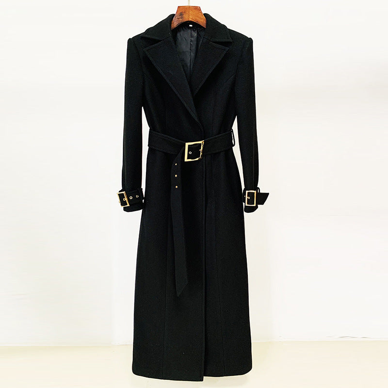 Simple belt elongated woolen coat