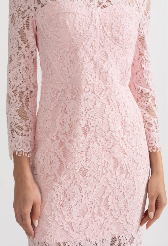 Elegant Long Sleeve Lace Dress With Matching Waist Belt - Pink