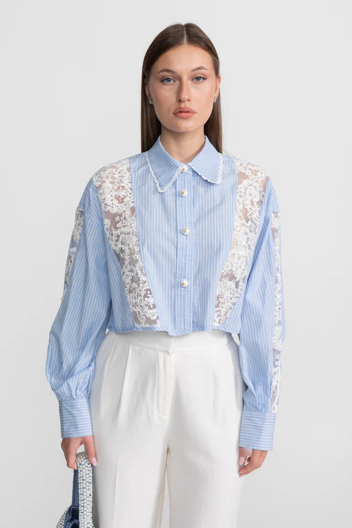 triped Cotton and Lace Panel Shirt – Light Blue