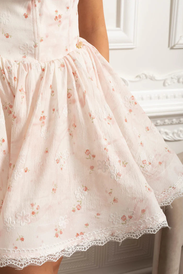 Floral Mini Dress With Puff Sleeves And 3D Rose Detail - Pastel Pink