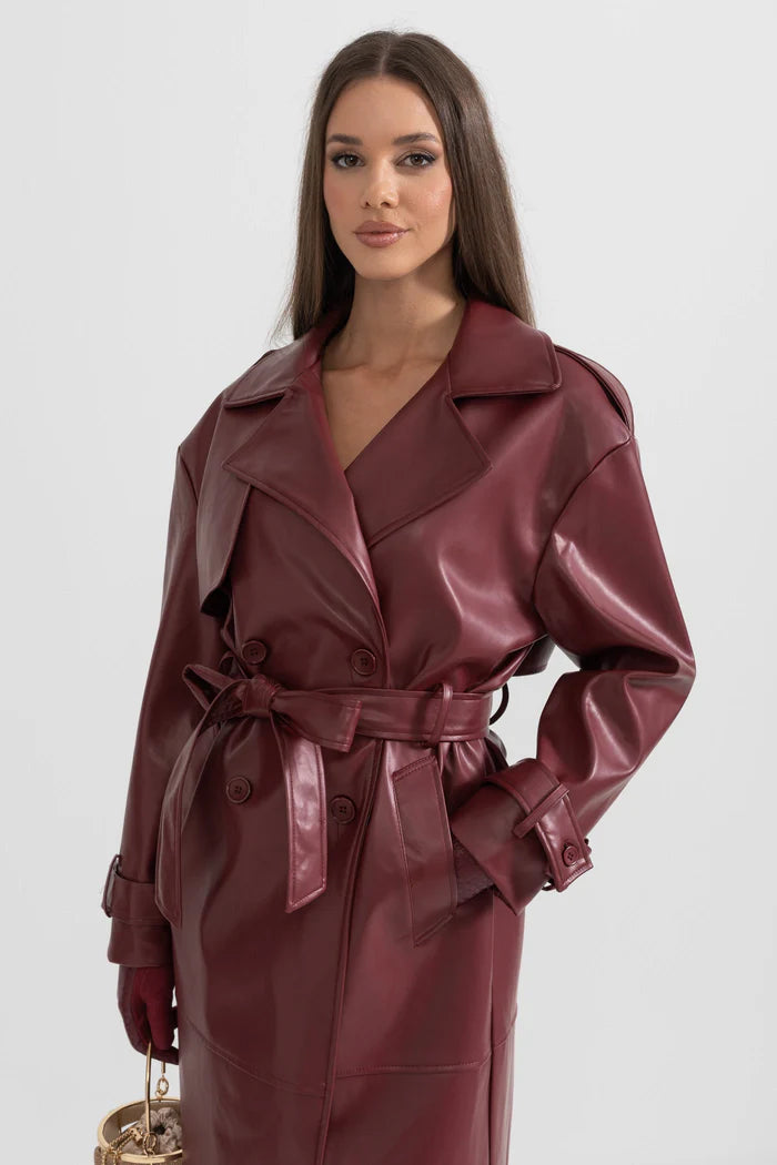 Vegan Leather Trench Coat - Burgundy