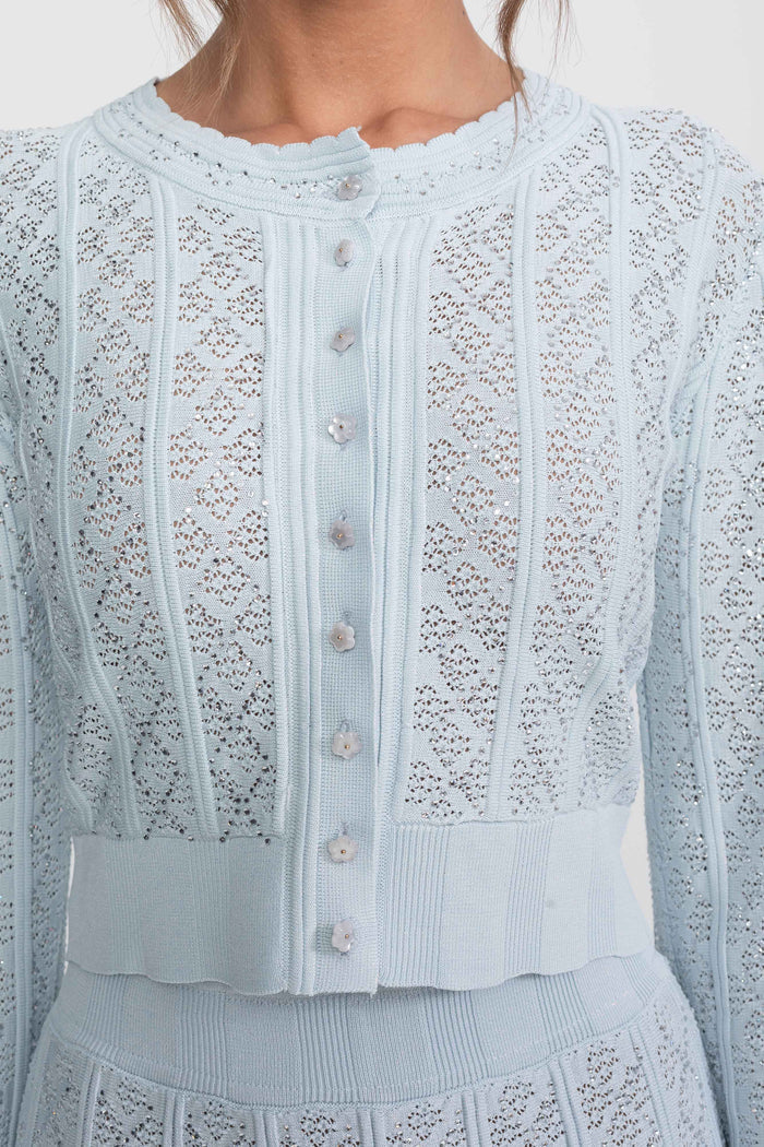 Eyelet Knit Co-Ord Set With Cardigan And Maxi Skirt - Light Blue