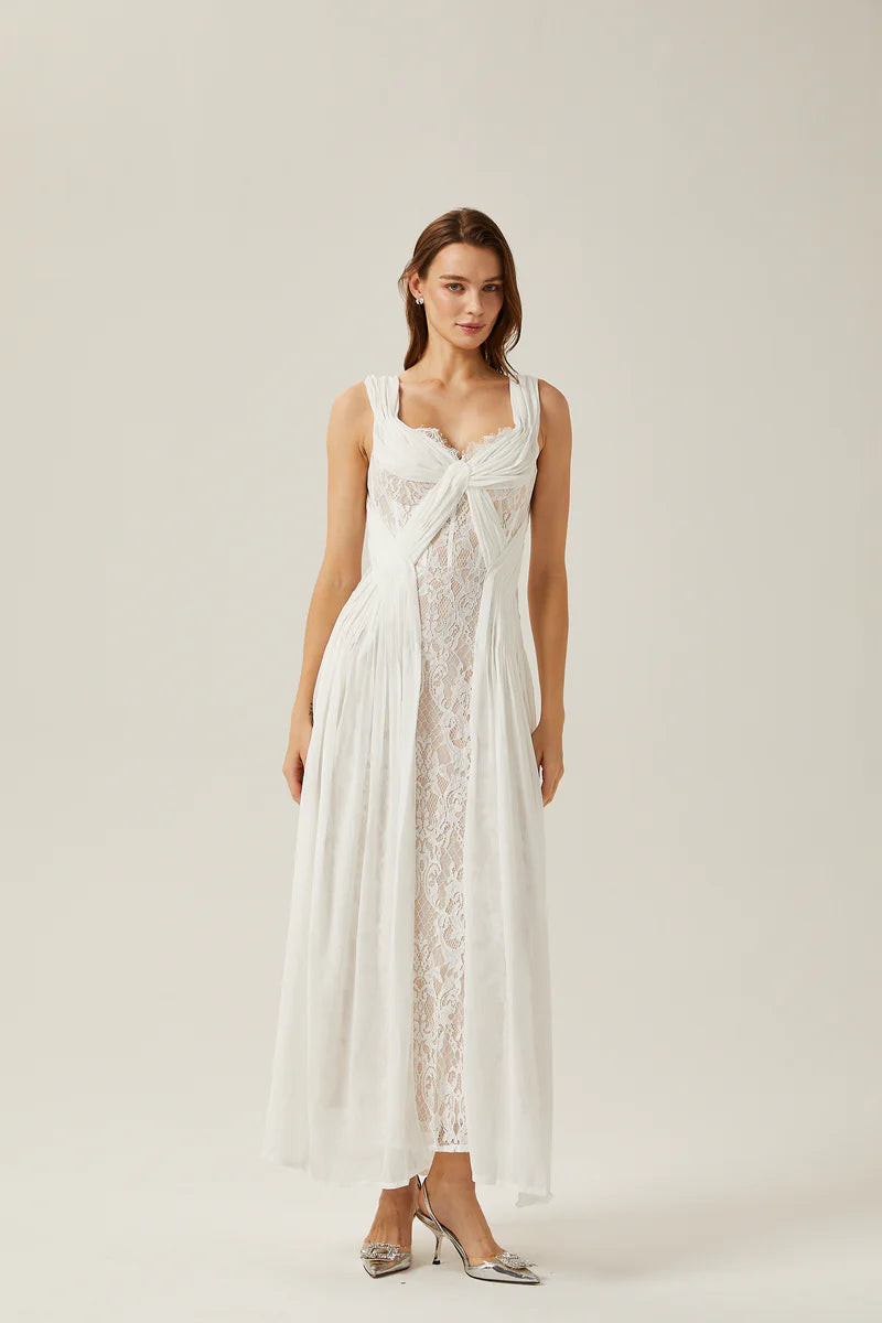 Robe maxi plissée en dentelle blanche Arantxa