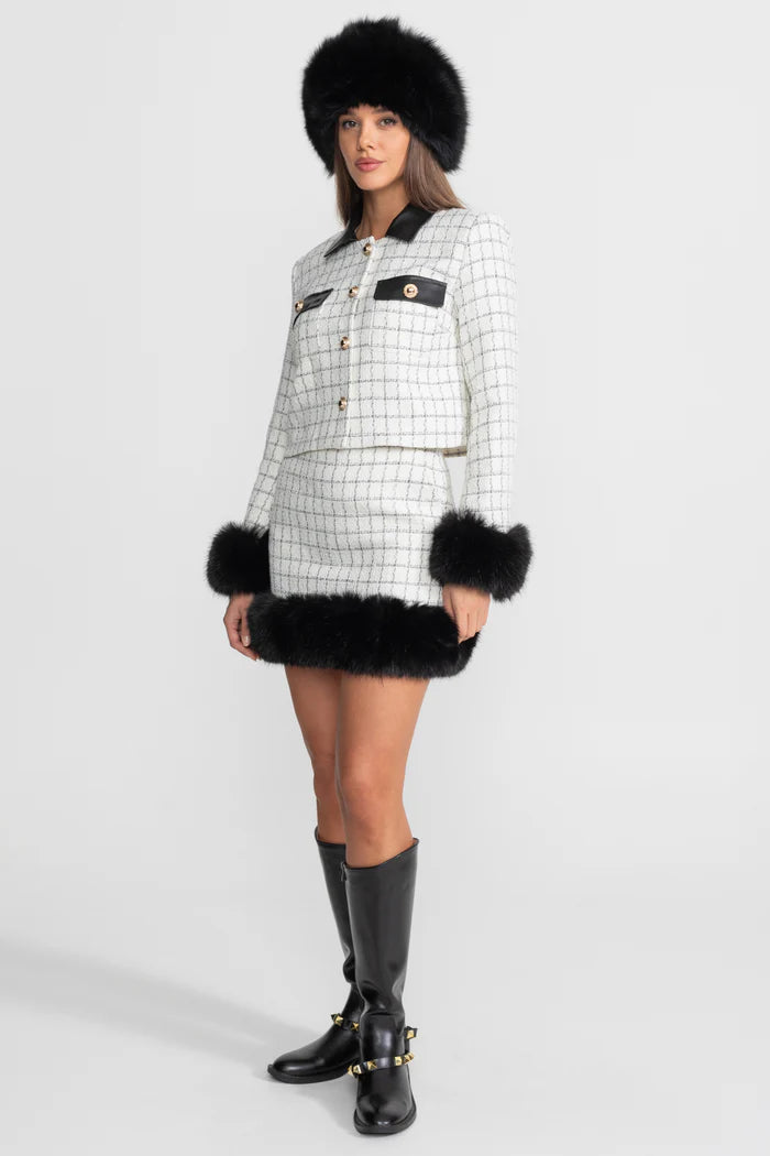 Tweed Co-Ord Set With Faux Fur Trim And Contrast Leather Details – White And Black