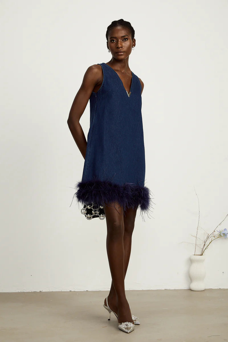 Selene bleu sans manches en plume-trim mini robe