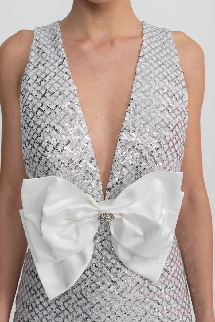 Sequin Maxi Dress With Satin Bow Detail - Light Grey